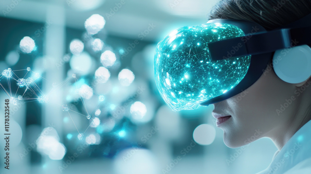 Immersive virtual reality experience with glowing digital elements