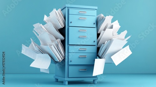 A blue filing cabinet overflowing with documents and papers.