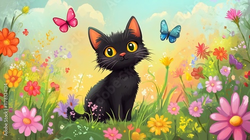 Cute black kitten sitting in a colorful flower garden with butterflies.