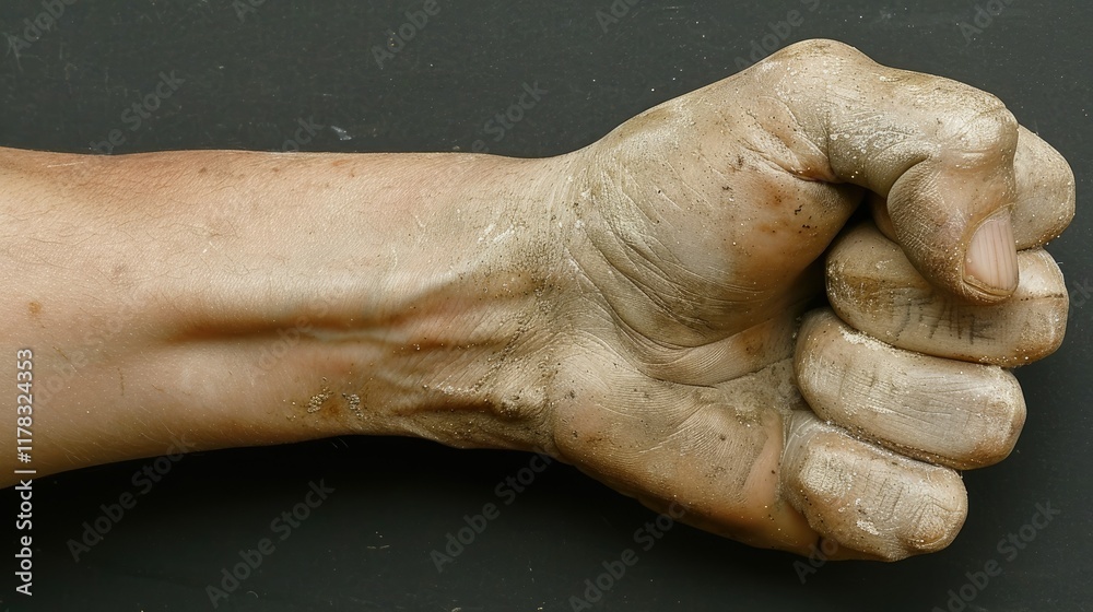 Fototapeta premium Dirty clenched fist on dark background, labor, strength, protest concept