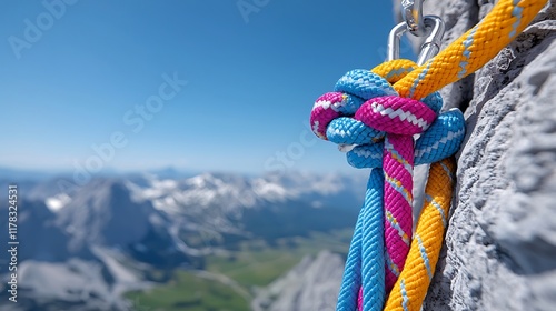 Colorful climbing ropes tied in a knot secured to a rock face against a mountain backdrop. photo