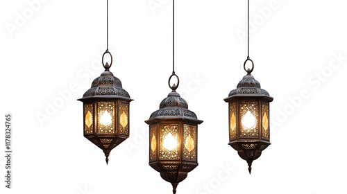  Ramadan Kareem holiday design featuring glowing hanging lanterns and a crescent moon, symbolizing the spirit of peace and spirituality, set against a serene and elegant backdrop.