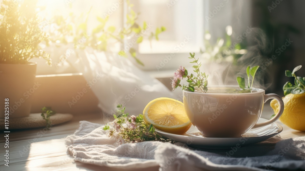 A white tea cup with a lemon slice and a bunch of herbs on a table A white tea cup with a lemon slice and a bunch of herbs on a table