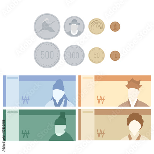 A minimal vector artwork set of Korean money - banknotes and coins