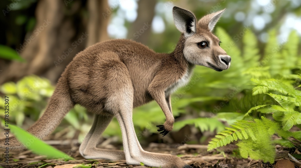 A realistic kangaroo standing among ferns in a natural setting. A realistic kangaroo standing among ferns in a natural setting.