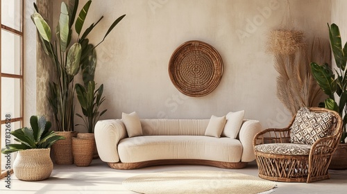 Mid-century modern living room, curved white sofa, rattan accent chair, large potted plants, terracotta planters, natural light, beige textured wall, minimalist decor, organic shapes, warm tones, cont