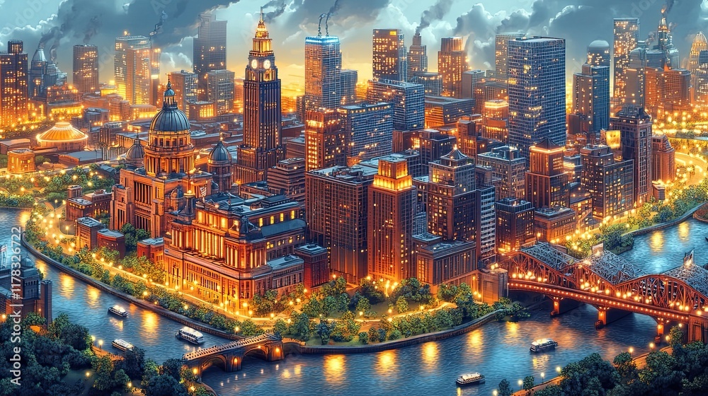 Obraz premium Night cityscape, river, bridges, buildings, lights.