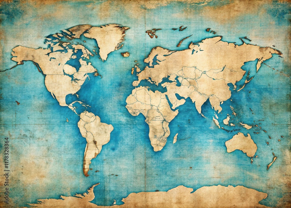 Fototapeta premium Vintage World Map, Blue & Beige Antique Travel Background, Copy Space Left