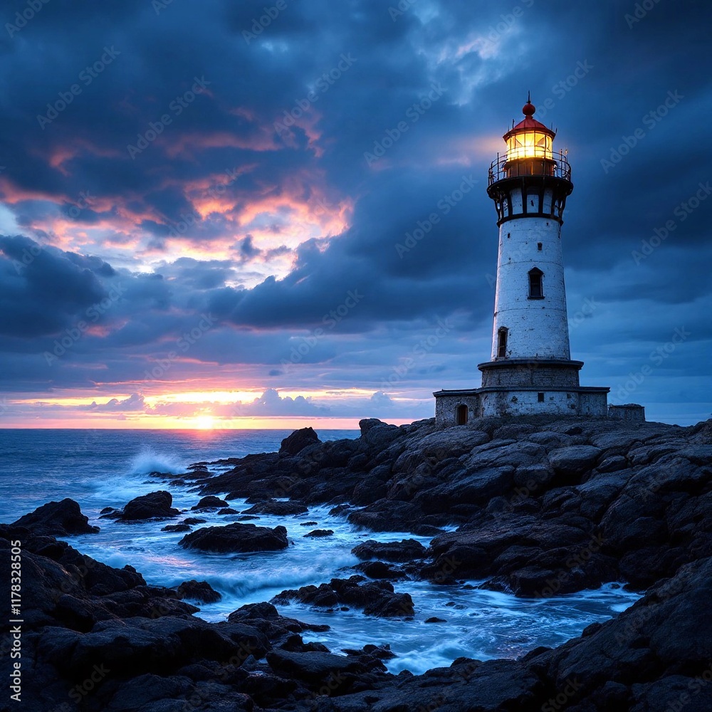 Naklejka premium Majestic Lighthouse at Sunset Coastal Serenity, Golden Hour, Ocean View, Scenic Beauty