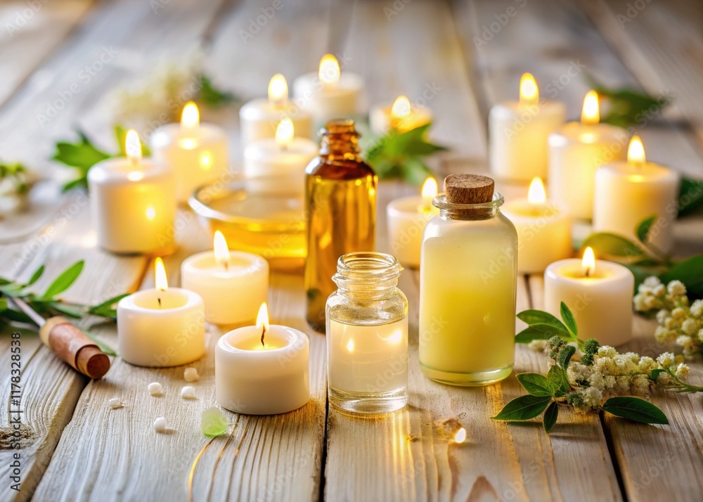 White Wooden Background with Lit Candles & Essential Oil Bottles - Spa, Wellness Stock Photo White Wooden Background with Lit Candles & Essential Oil Bottles - Spa, Wellness Stock Photo