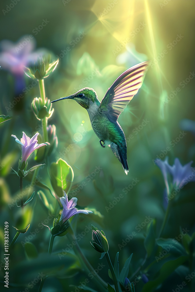 Fototapeta premium Graceful Hummingbird in Mid-Air, Capturing Nature's Intricate Beauty with Vibrant Feathers and Delicate Flower Nectar