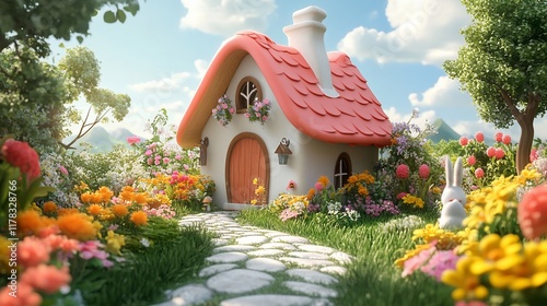 Charming cottage nestled in a vibrant flower garden, with a rabbit.