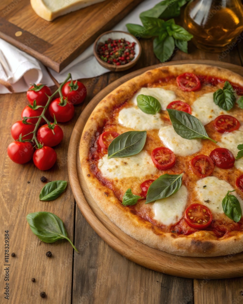A delicious pizza topped with mozzarella, cherry tomatoes, and fresh basil on a wooden table. A delicious pizza topped with mozzarella, cherry tomatoes, and fresh basil on a wooden table.
