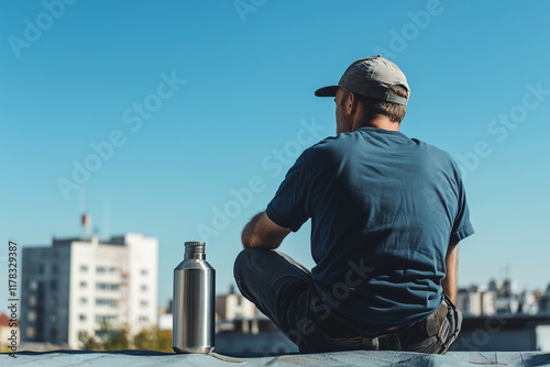 a male worker is sitting on the rooftop of a building, a metallic colored bottle is visible next to him, aesthetic portrait shot, focus on bottle, mockup style photo