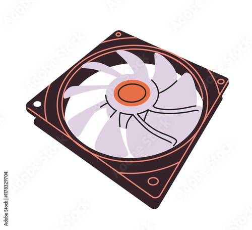 Illustration of a computer cooling fan with purple blades, black frame, and red accents, isolated on a white background. Concept of hardware and technology. Vector illustration