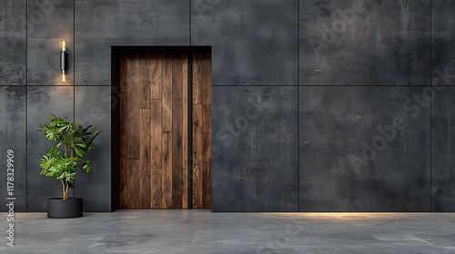 Modern dark gray wall with wooden door and plant.