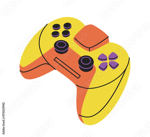 Vibrant yellow and orange game controller with purple buttons, featuring a creative minimalist design on a white background. Concept of gaming and technology. Vector illustration