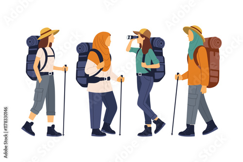 People hiking and trekking with backpack, map and binoculars. Woman backpackers stand, walk with luggage illustration