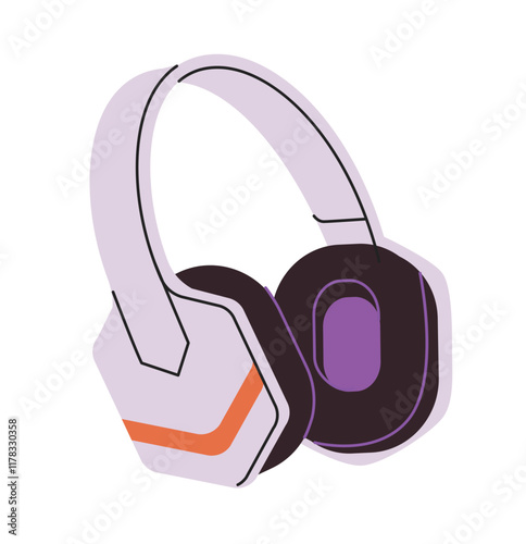 Abstract headphones with geometric design, bold purple and orange accents, drawn in a modern flat style on a white background. Concept of music and technology. Vector illustration