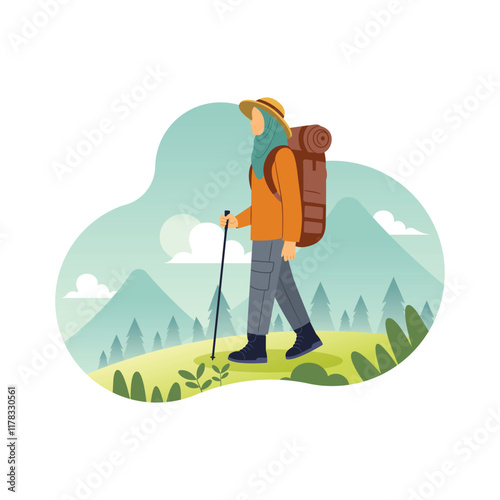 Hijab Women with backpack trekking in nature concept illustration