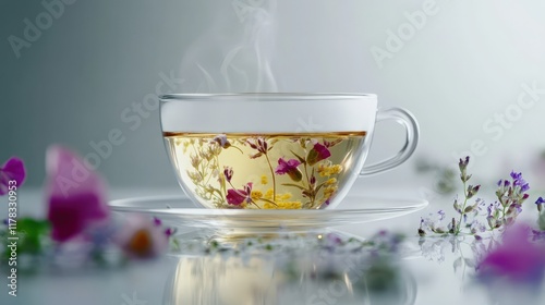 A cup of tea with flowers in it sits on a saucer