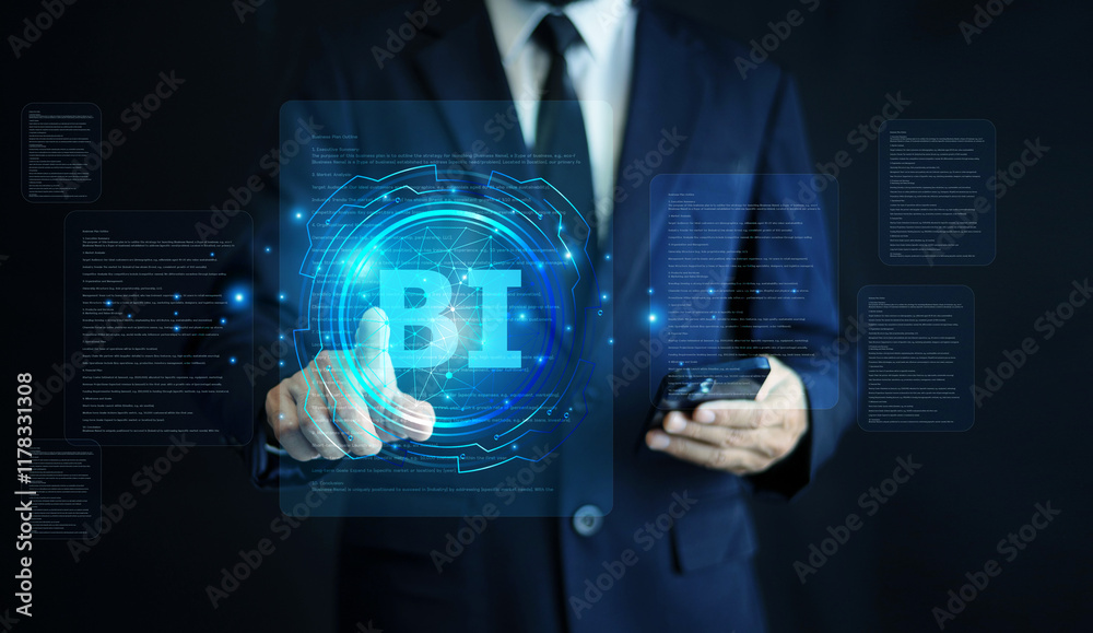 Businessman utilizes Business Intelligence for Data Management, Data Visualization, and Data Analysis to make strategic business decisions. Businessman utilizes Business Intelligence for Data Management, Data Visualization, and Data Analysis to make strategic business decisions.