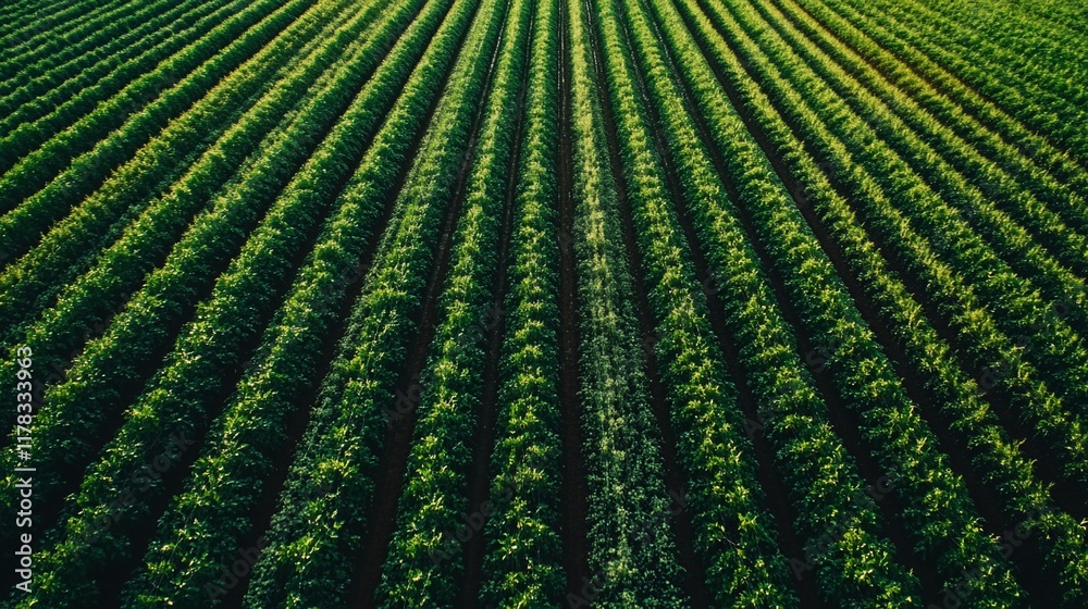 Aerial view of neatly organized rows of vibrant green plants in a vast agricultural field. Aerial view of neatly organized rows of vibrant green plants in a vast agricultural field.