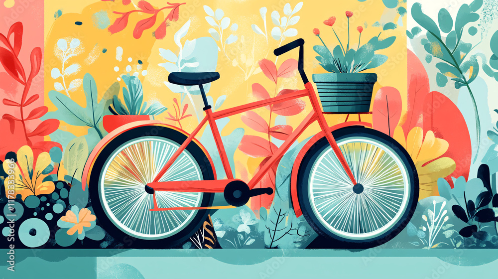 Fototapeta premium A whimsical illustration of a bicycle adorned with potted plants, set against a colorful backdrop that symbolizes eco-friendly transportation and green living. 