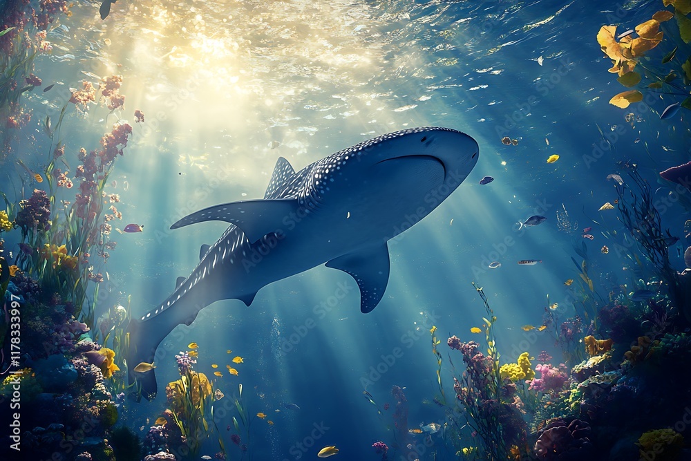 Fototapeta premium Whale Shark Gracefully Swims Through Vibrant Coral Reef