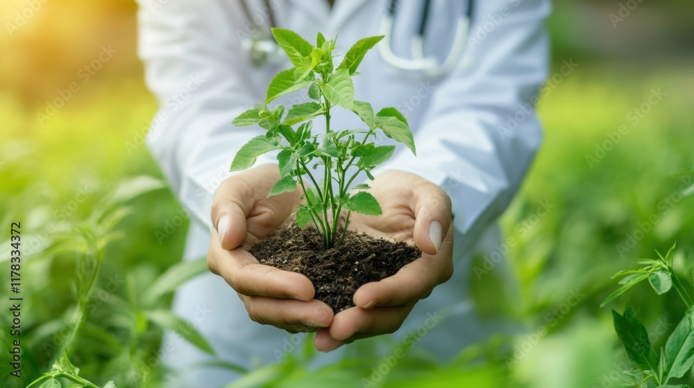custom made wallpaper toronto digitala person in a white lab coat gently holding a small plant with soil, symbolizing care, sustainability