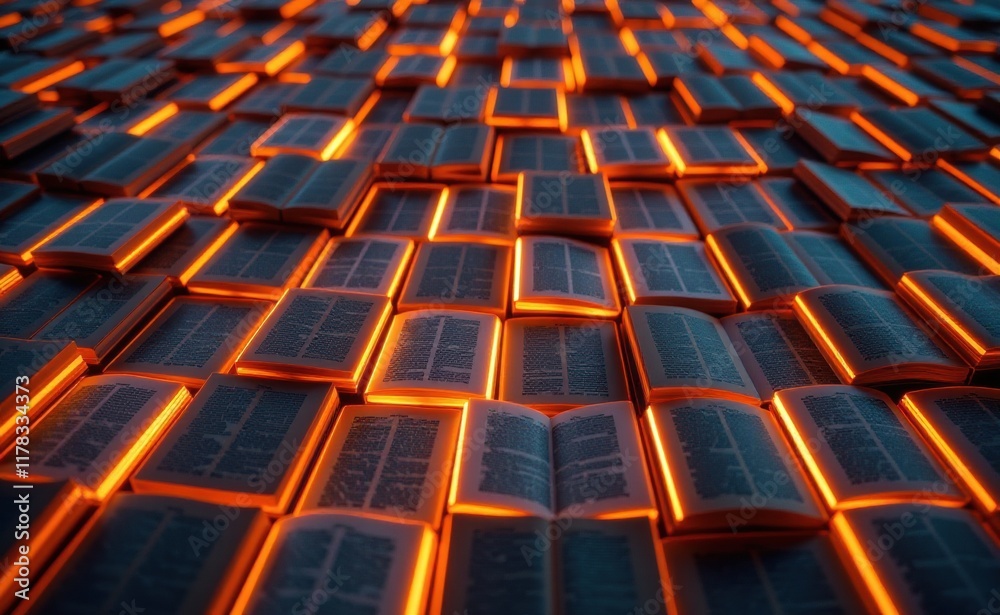 Obraz premium A mesmerizing arrangement of open books illuminated by glowing symbols, evoking a sense of knowledge, discovery, and the power of information.