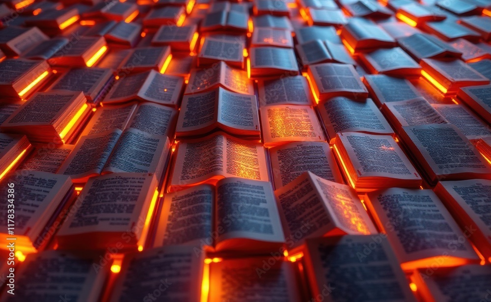 Obraz premium A mesmerizing arrangement of open books illuminated by glowing symbols, evoking a sense of knowledge, discovery, and the power of information.