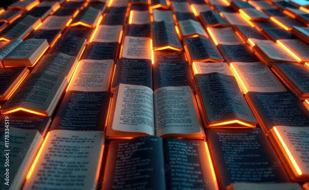 Obraz premium A mesmerizing arrangement of open books illuminated by glowing symbols, evoking a sense of knowledge, discovery, and the power of information.
