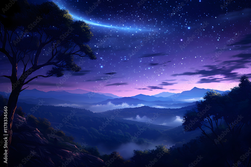 Naklejka premium Tranquil Beauty of a Moonlit Night: A Journey into the Mystique of the Nocturnal World