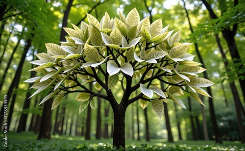 A surreal and whimsical scene of a tree with open books as leaves, growing in a lush green forest.