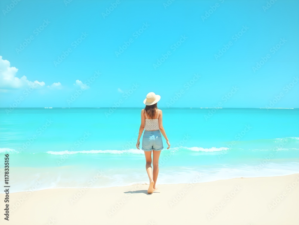 Tropical blue sea with woman standing on white sand beach have blue sky vertical background graphic illustration. Traveling in summer concept have blank space. Tropical blue sea with woman standing on white sand beach have blue sky vertical background graphic illustration. Traveling in summer concept have blank space.