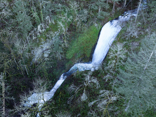 The spectacular Bridal Veil Falls flows through a healthy forest in the Columbia River Gorge National Scenic Area, Oregon. The gorge, not far from Portland, contains a plethora of scenic waterfalls. photo