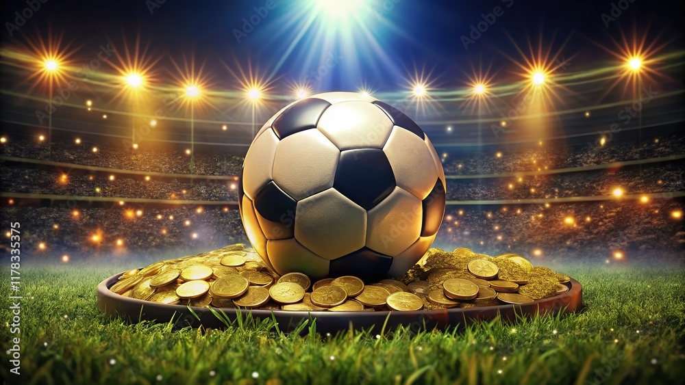 Fototapeta premium Night soccer field, glittering golden coins, AI-generated.