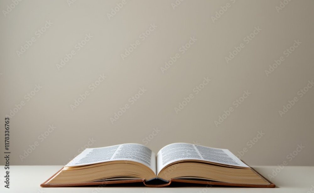 An open book with crisp white pages spread wide against a warm beige background, inviting exploration and discovery.