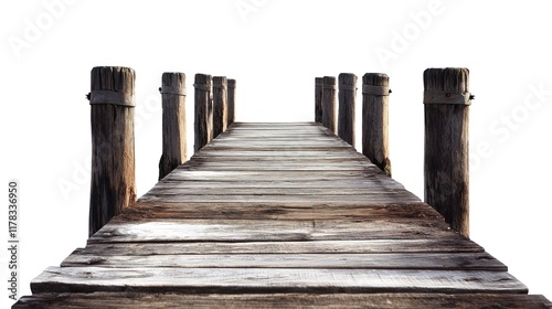 Isolated wooden pier with weathered wooden pillars on a white background, featuring sharp focus, high resolution, and no shadows, perfect for architectural concepts, marine-themed designs