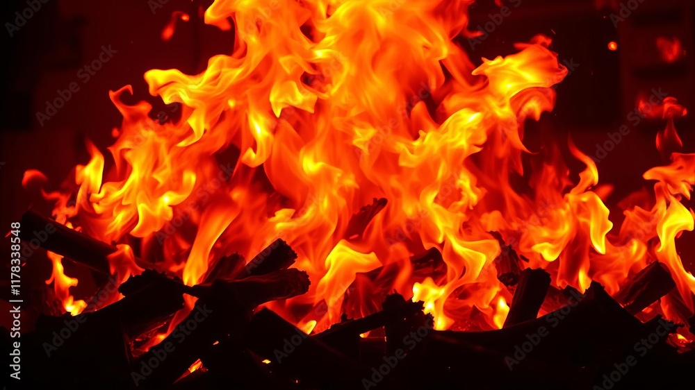 Intense flames burning brightly with shades of orange, red, and yellow, warmth, danger, flickering Intense flames burning brightly with shades of orange, red, and yellow, warmth, danger, flickering