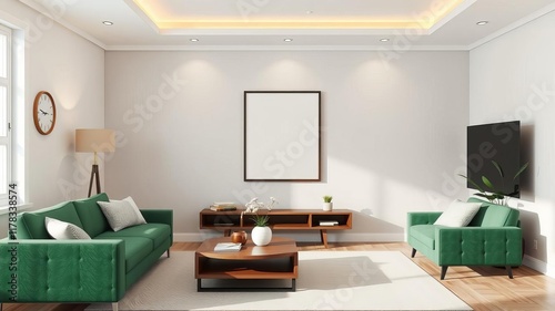 Interior scene featuring a poster mockup on a wall in a home with a green sofa, table, and decor, rendered in 3D, room, 3D render, wall art photo