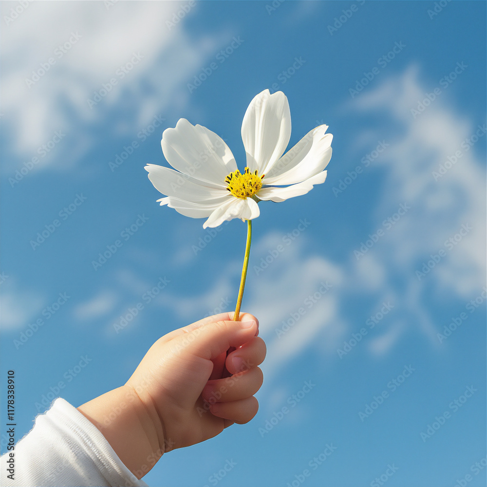 Blossom flower in baby's hand in close up, version 43 Blossom flower in baby's hand in close up, version 43