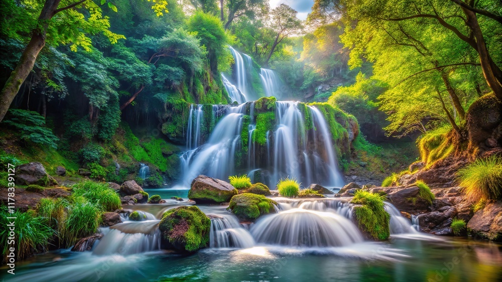 Serene waterfall, verdant landscape, peaceful cascade. Serene waterfall, verdant landscape, peaceful cascade.