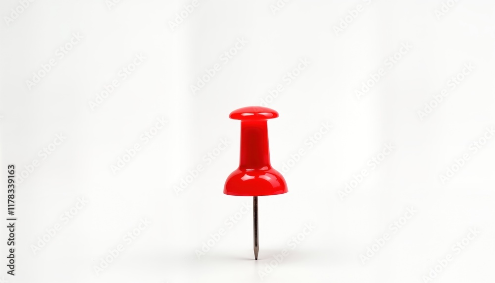 Red push pin on plain white background. Simple office supply. Isolated object. Suitable for design projects. Useful for marking locations on maps documents. Versatile tool for graphic design. Easy to Red push pin on plain white background. Simple office supply. Isolated object. Suitable for design projects. Useful for marking locations on maps documents. Versatile tool for graphic design. Easy to