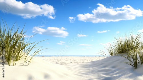 Serene beach scene with sand, grass, and a clear blue sky. photo