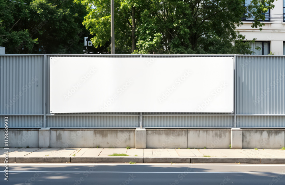 Obraz premium Blank white banner on construction site fence. Outdoor urban setting. Modern business advertisement design. Empty billboard. Potential for custom marketing. Commercial space. Construction area.