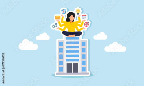 A businesswoman with many hands holding work-related items sits on top of an office building, illustration of multitasking and multi-talented people completing business tasks