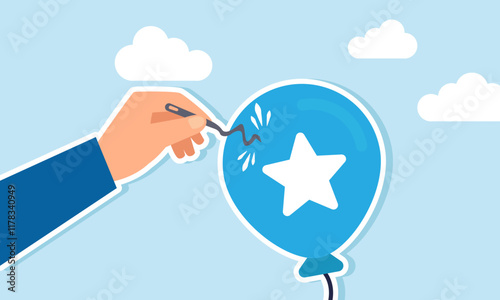 A hand tries to pop a balloon labeled with a star using a needle, but the needle bends instead, illustration of business rating and quality stability and resilience