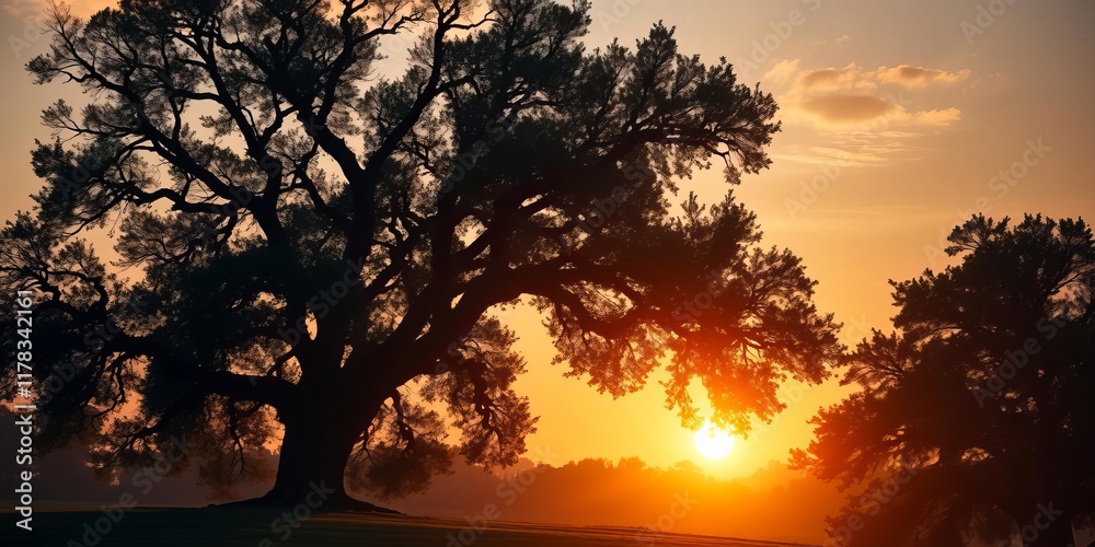 Obraz premium Majestic oak tree bathed in golden sunrise light, creating serene natural scene, tranquil, landscape, serene